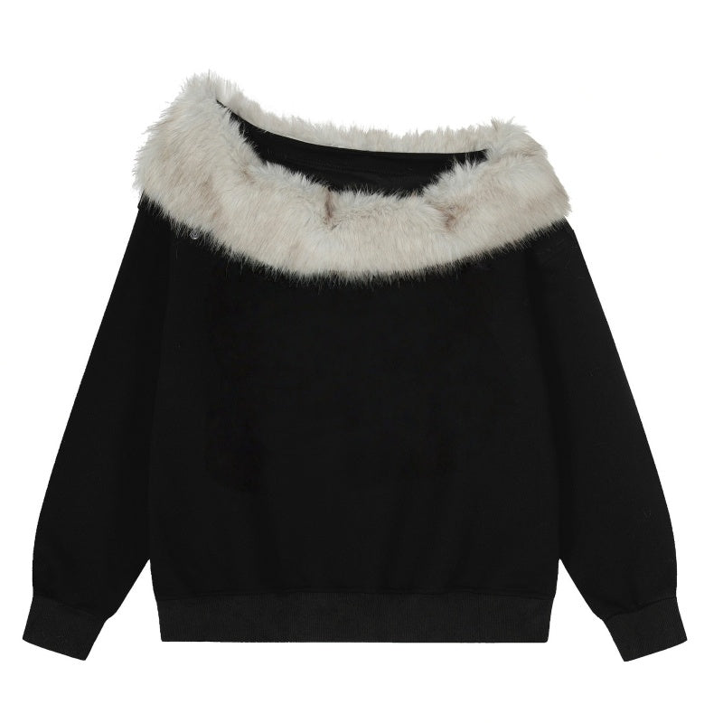 Fur-Collar Loose Pullover Sweatshirt