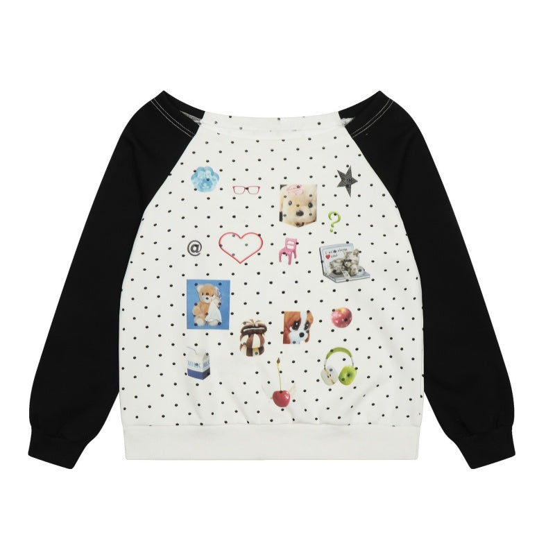Retro Polka Dot Cartoon Color-Blocked Sweatshirt