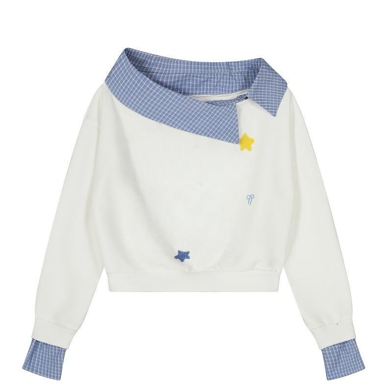 Plaid Off-Shoulder Cropped Sweatshirt