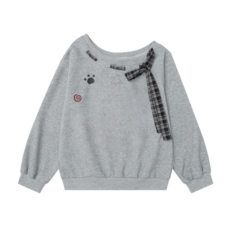 Off-The-Shoulder Plaid Lace-Up Sweatshirt