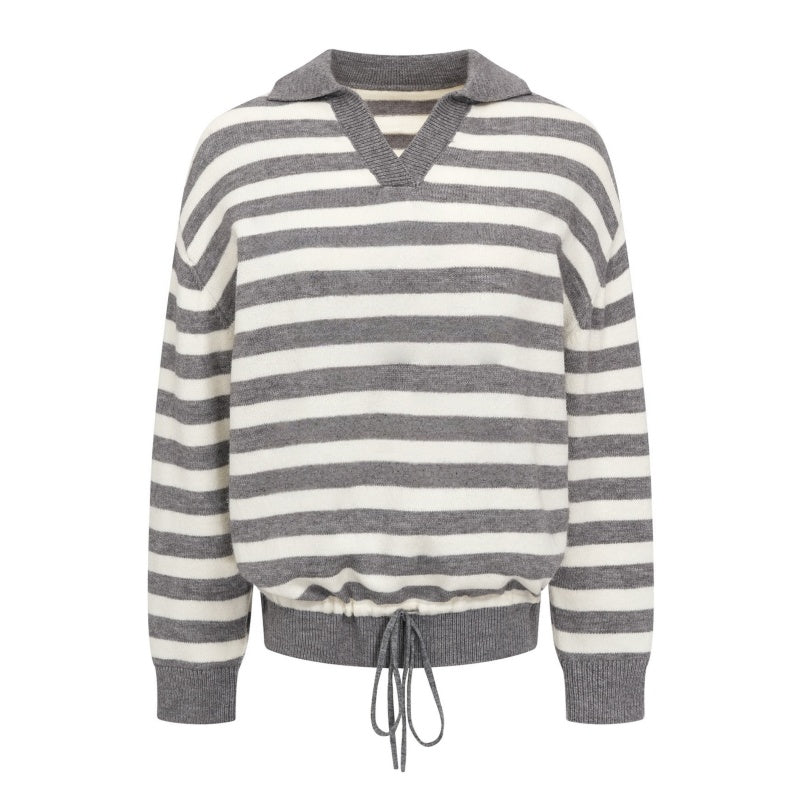 Striped V-Neck Drawstring Sweatshirt